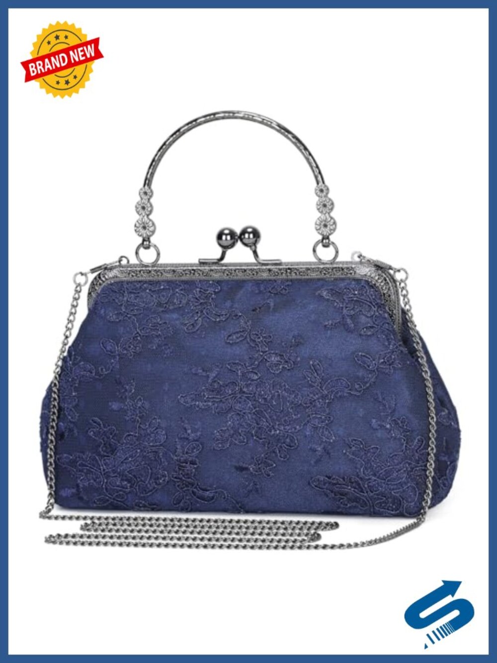 Lace Floral Clutch Evening Bag with Metal Handle & Chain Strap